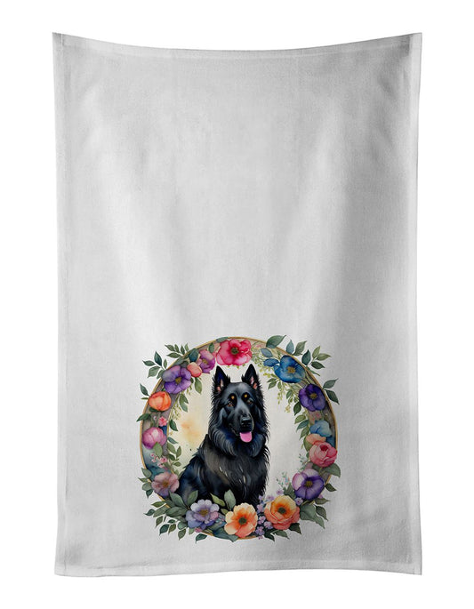 Belgian Sheepdog and Flowers Kitchen Towel Set of 2 White Dish Towels Decorative Bathroom Hand towel for Hand, Face, Hair, Yoga, Tea, Dishcloth, 19 X 28", White