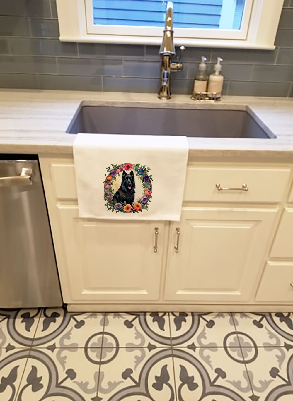Belgian Sheepdog and Flowers Kitchen Towel Set of 2 White Dish Towels Decorative Bathroom Hand towel for Hand, Face, Hair, Yoga, Tea, Dishcloth, 19 X 28", White