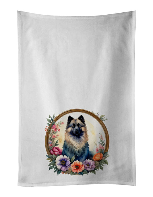 Keeshond and Flowers Kitchen Towel Set of 2 White Dish Towels Decorative Bathroom Hand towel for Hand, Face, Hair, Yoga, Tea, Dishcloth, 19 X 28", White
