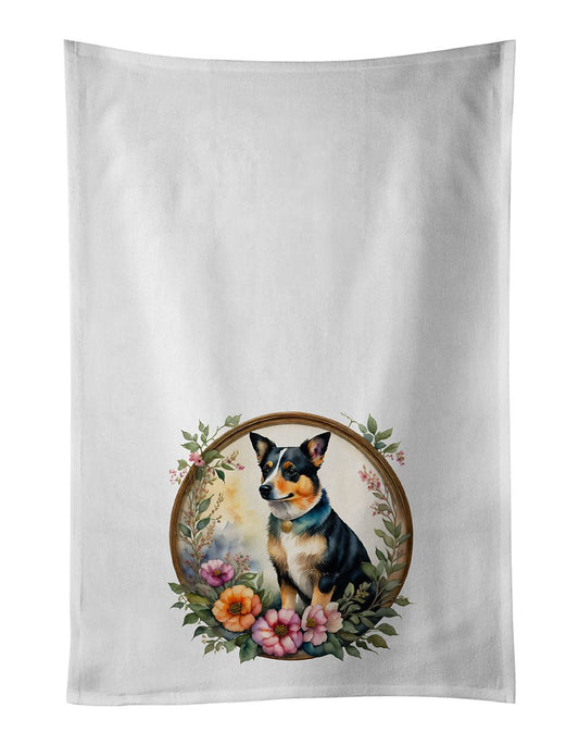 Lancashire Heeler and Flowers Kitchen Towel Set of 2 White Dish Towels Decorative Bathroom Hand towel for Hand, Face, Hair, Yoga, Tea, Dishcloth, 19 X 28", White
