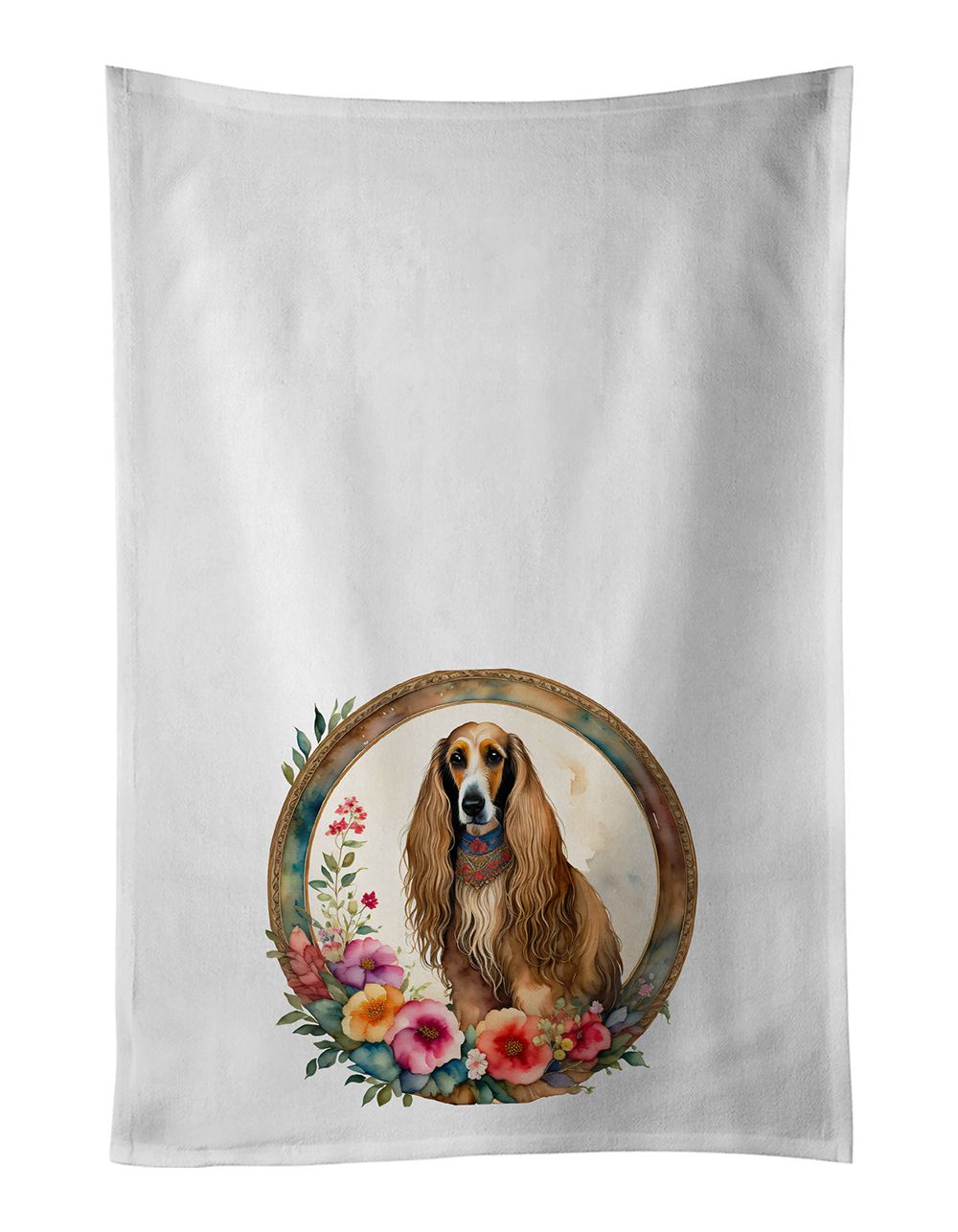 Afghan Hound and Flowers Kitchen Towel Set of 2 White Dish Towels Decorative Bathroom Hand towel for Hand, Face, Hair, Yoga, Tea, Dishcloth, 19 X 28", White
