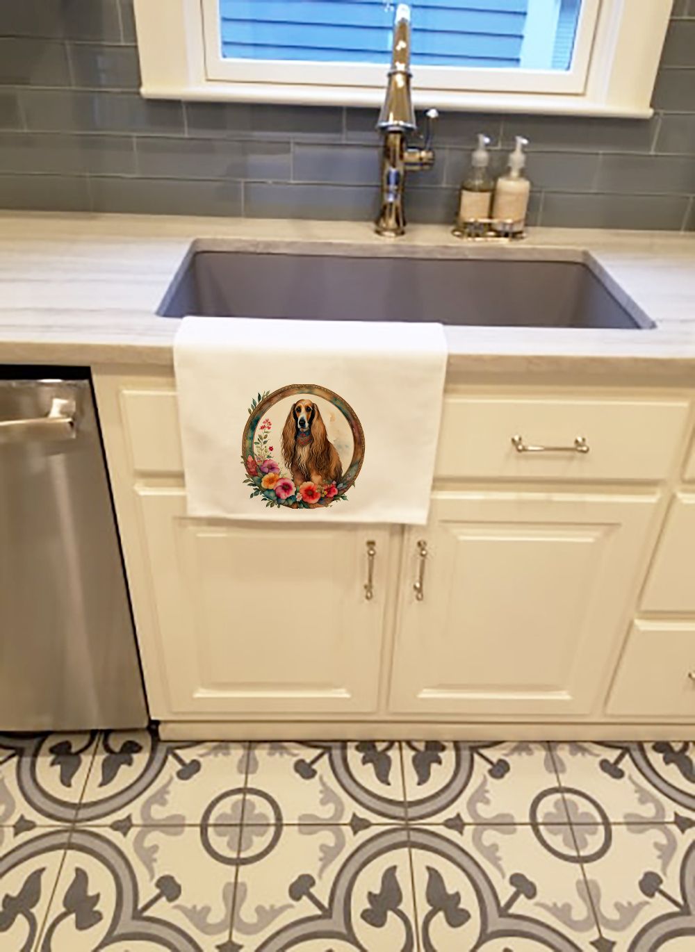 Afghan Hound and Flowers Kitchen Towel Set of 2 White Dish Towels Decorative Bathroom Hand towel for Hand, Face, Hair, Yoga, Tea, Dishcloth, 19 X 28", White
