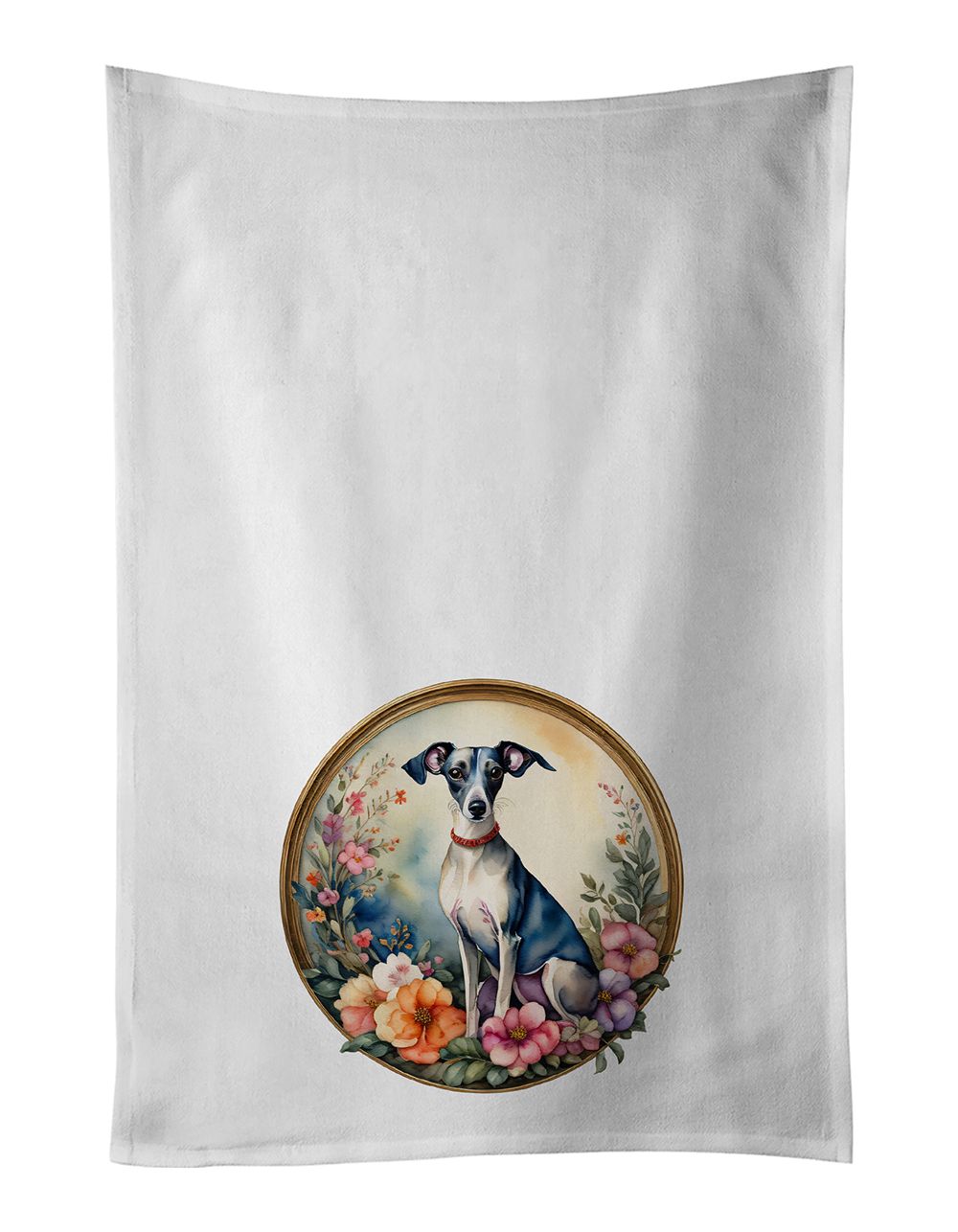 Italian Greyhound and Flowers Kitchen Towel Set of 2 White Dish Towels Decorative Bathroom Hand towel for Hand, Face, Hair, Yoga, Tea, Dishcloth, 19 X 28", White