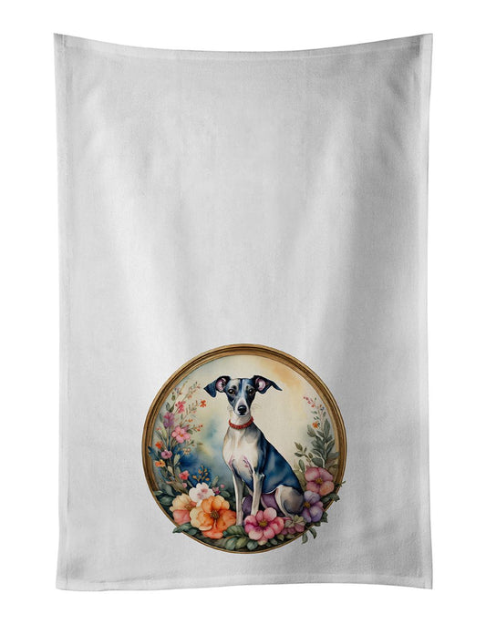 Italian Greyhound and Flowers Kitchen Towel Set of 2 White Dish Towels Decorative Bathroom Hand towel for Hand, Face, Hair, Yoga, Tea, Dishcloth, 19 X 28", White