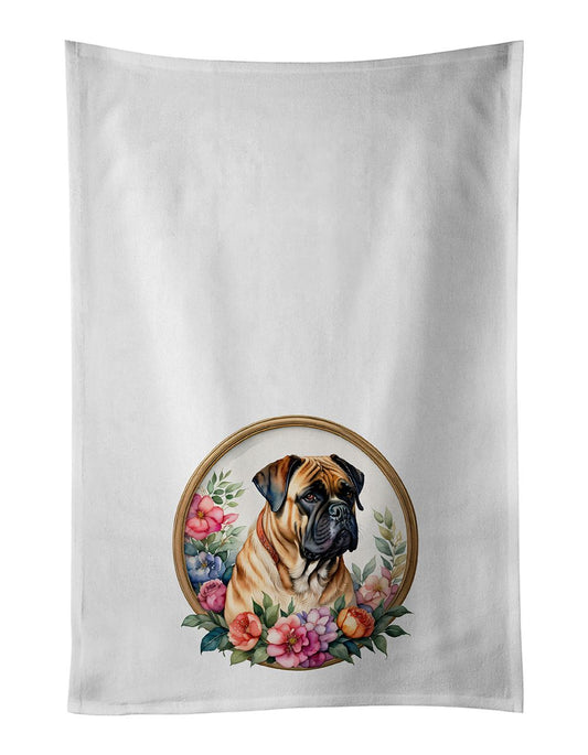 Bullmastiff and Flowers Kitchen Towel Set of 2 White Dish Towels Decorative Bathroom Hand towel for Hand, Face, Hair, Yoga, Tea, Dishcloth, 19 X 28", White