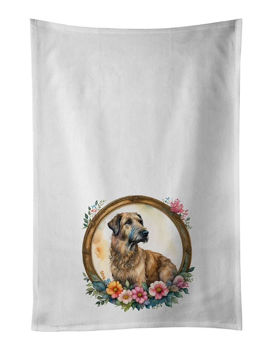 Irish Wolfhound and Flowers Kitchen Towel Set of 2 White Dish Towels Decorative Bathroom Hand towel for Hand, Face, Hair, Yoga, Tea, Dishcloth, 19 X 28", White