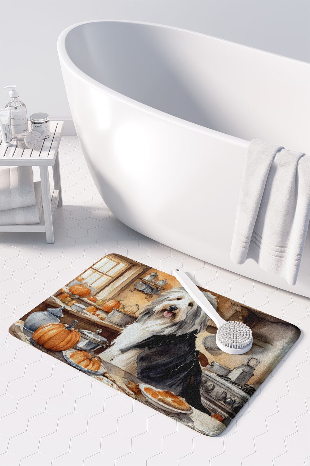 Bearded Collie Fall Kitchen Pumpkins Memory Foam Kitchen Mat Machine Washable Anti-Fatigue Mat Cushion Comfort Bath Mat or Kitchen Rug