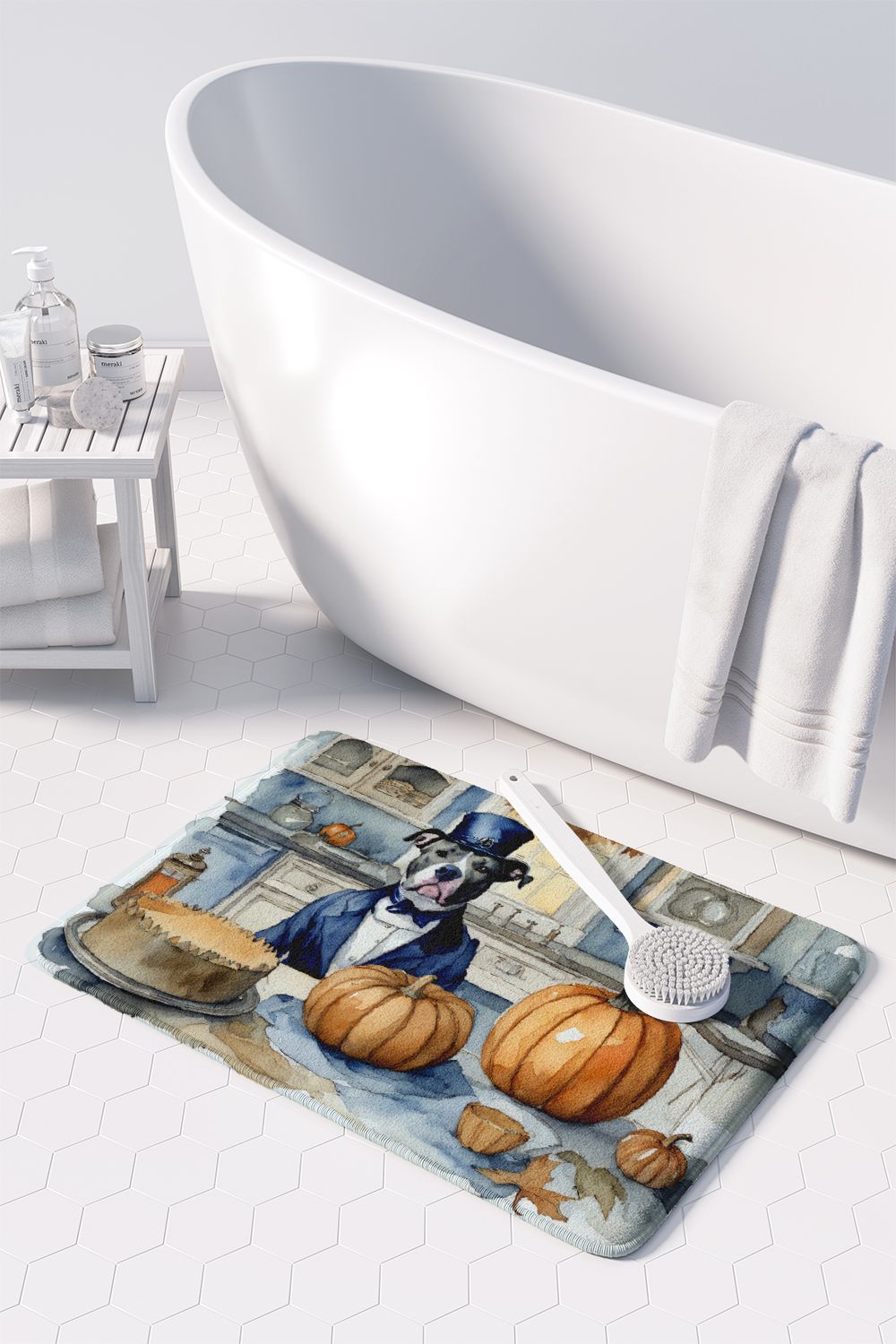 Pit Bull Terrier Fall Kitchen Pumpkins Memory Foam Kitchen Mat Machine Washable Anti-Fatigue Mat Cushion Comfort Bath Mat or Kitchen Rug