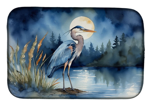 Blue Heron Under the Moonlight Dish Drying Mat Absorbent Dish Drying Mat Pad for Kitchen Counter Dish Drainer Mat for Countertop, 14 x 21", Multicolor