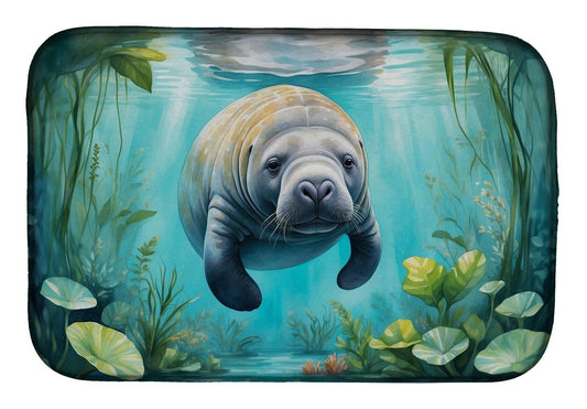 Manatee in a Crystal-Clear Spring Dish Drying Mat Absorbent Dish Drying Mat Pad for Kitchen Counter Dish Drainer Mat for Countertop, 14 x 21", Multicolor