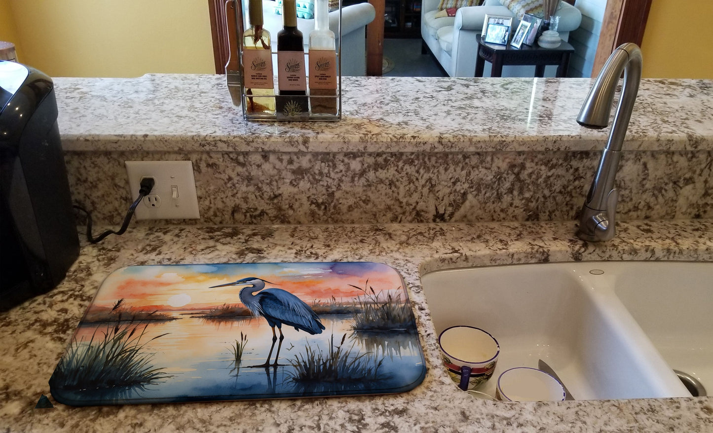 Blue Heron Setting Sun Dish Drying Mat Absorbent Dish Drying Mat Pad for Kitchen Counter Dish Drainer Mat for Countertop, 14 x 21", Multicolor