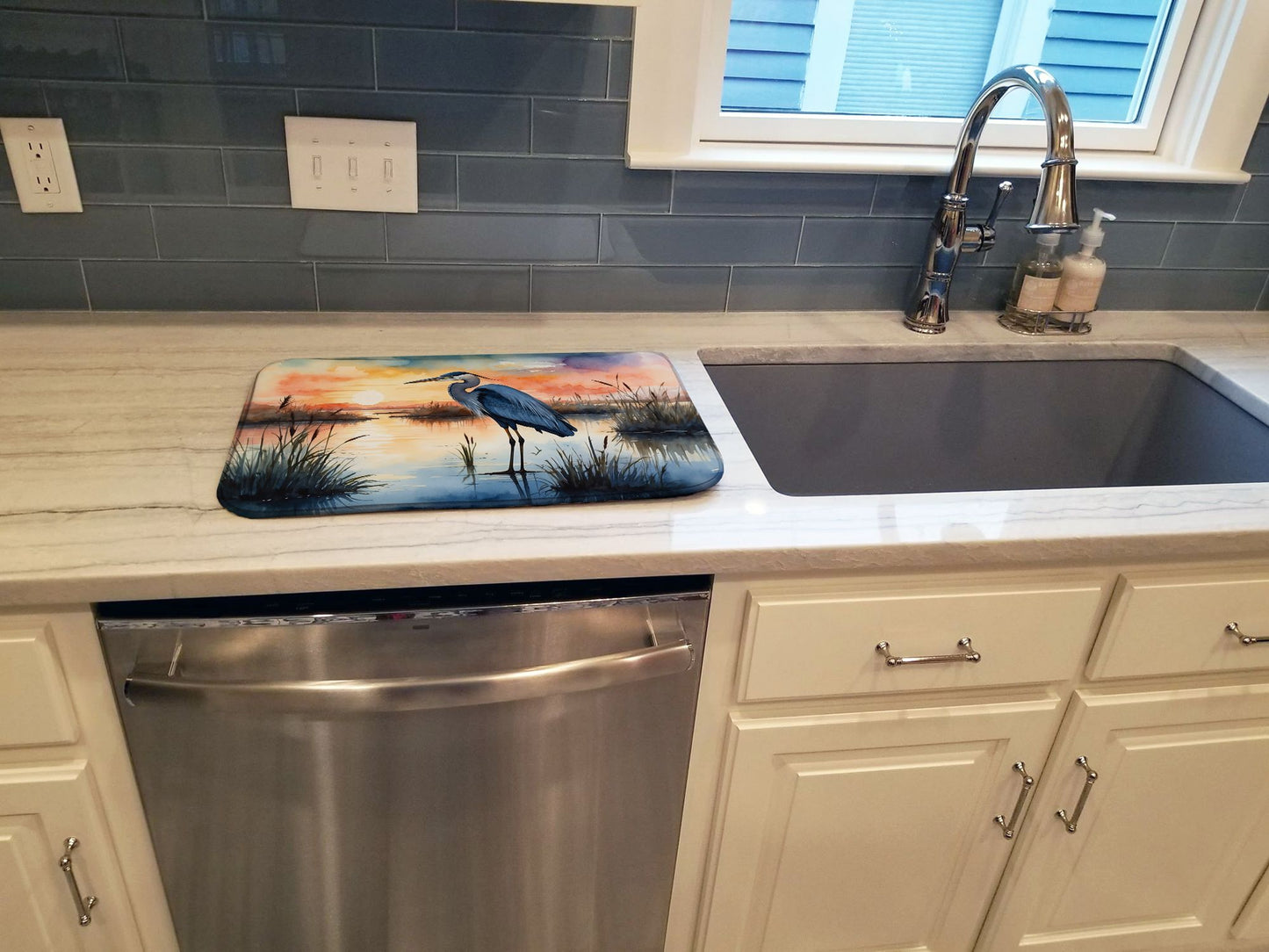 Blue Heron Setting Sun Dish Drying Mat Absorbent Dish Drying Mat Pad for Kitchen Counter Dish Drainer Mat for Countertop, 14 x 21", Multicolor