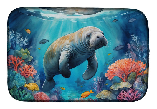 Manatee and Coral Reefs Dish Drying Mat Absorbent Dish Drying Mat Pad for Kitchen Counter Dish Drainer Mat for Countertop, 14 x 21", Multicolor