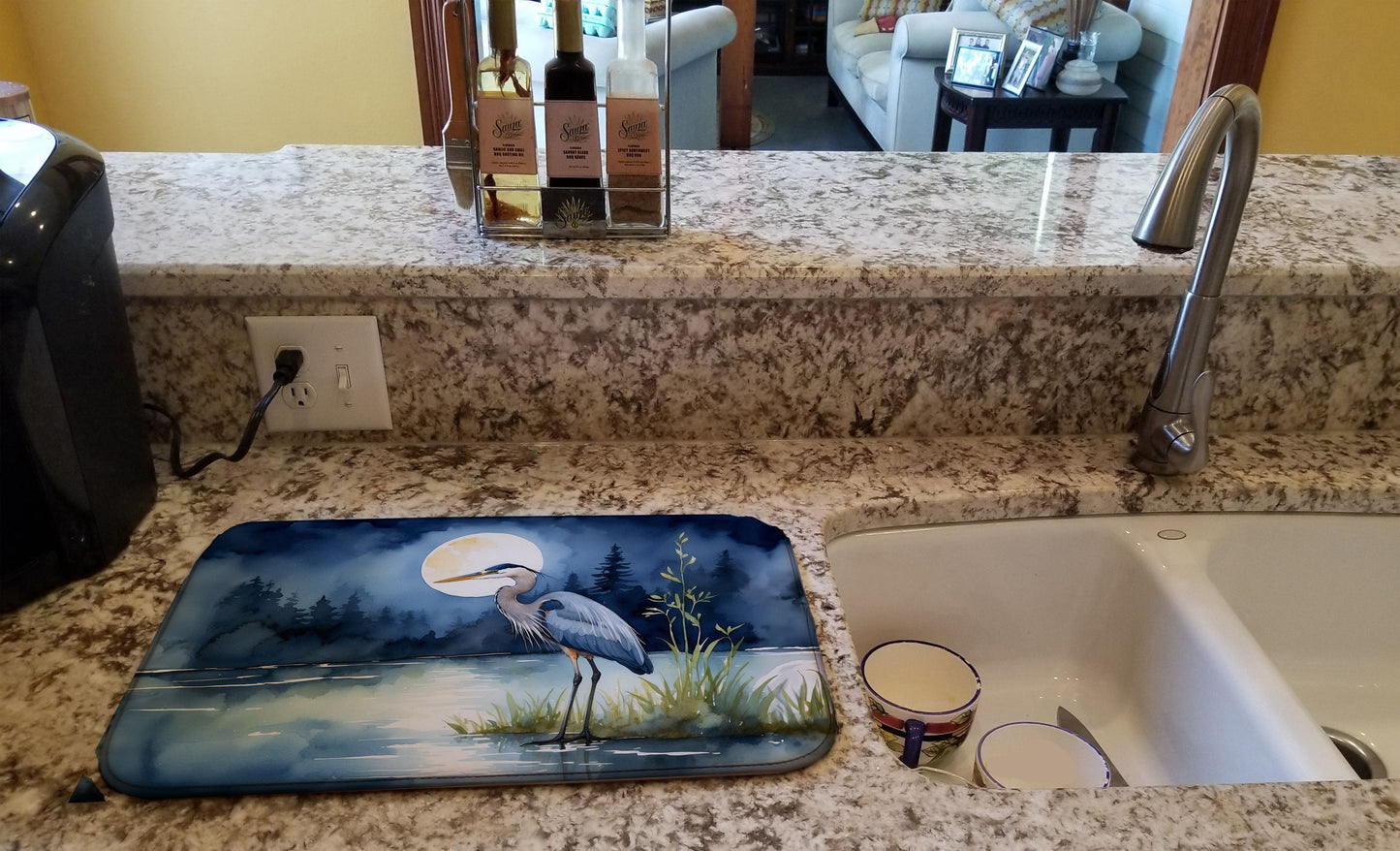 Blue Heron Under the Moonlight Dish Drying Mat Absorbent Dish Drying Mat Pad for Kitchen Counter Dish Drainer Mat for Countertop, 14 x 21", Multicolor