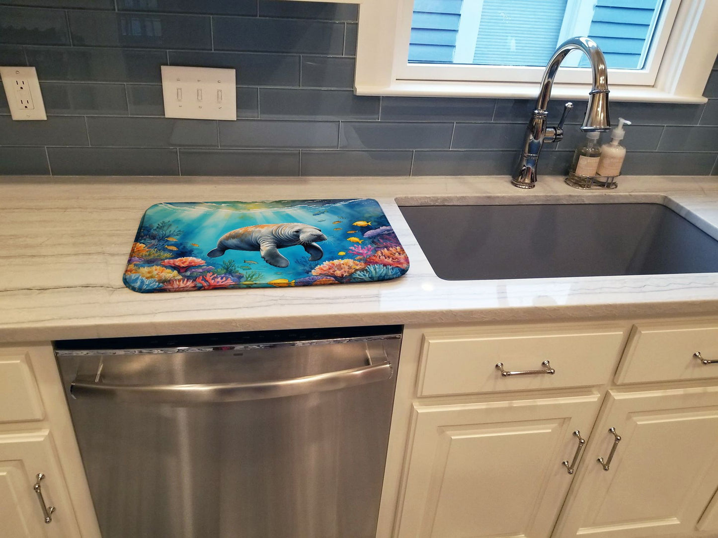Summer Manatee Dish Drying Mat Absorbent Dish Drying Mat Pad for Kitchen Counter Dish Drainer Mat for Countertop, 14 x 21", Multicolor