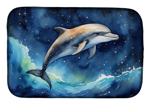 Dolphin in a Starry Sea Dish Drying Mat Absorbent Dish Drying Mat Pad for Kitchen Counter Dish Drainer Mat for Countertop, 14 x 21", Multicolor