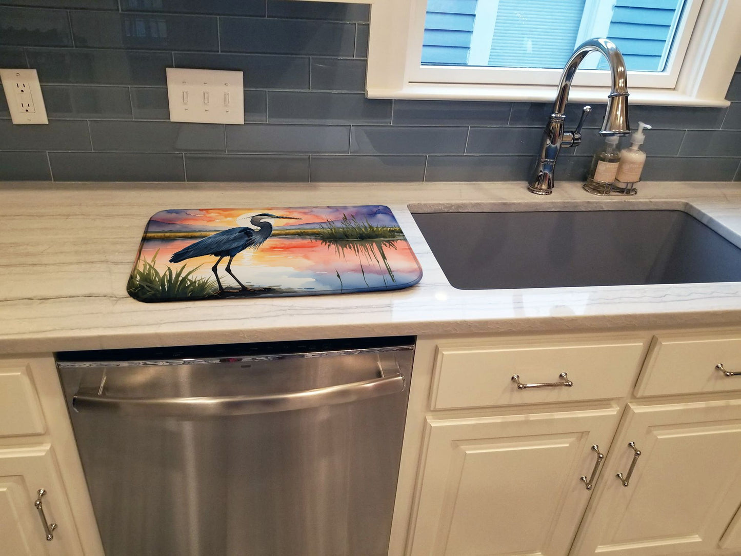 Blue Heron Setting Sun Dish Drying Mat Absorbent Dish Drying Mat Pad for Kitchen Counter Dish Drainer Mat for Countertop, 14 x 21", Multicolor