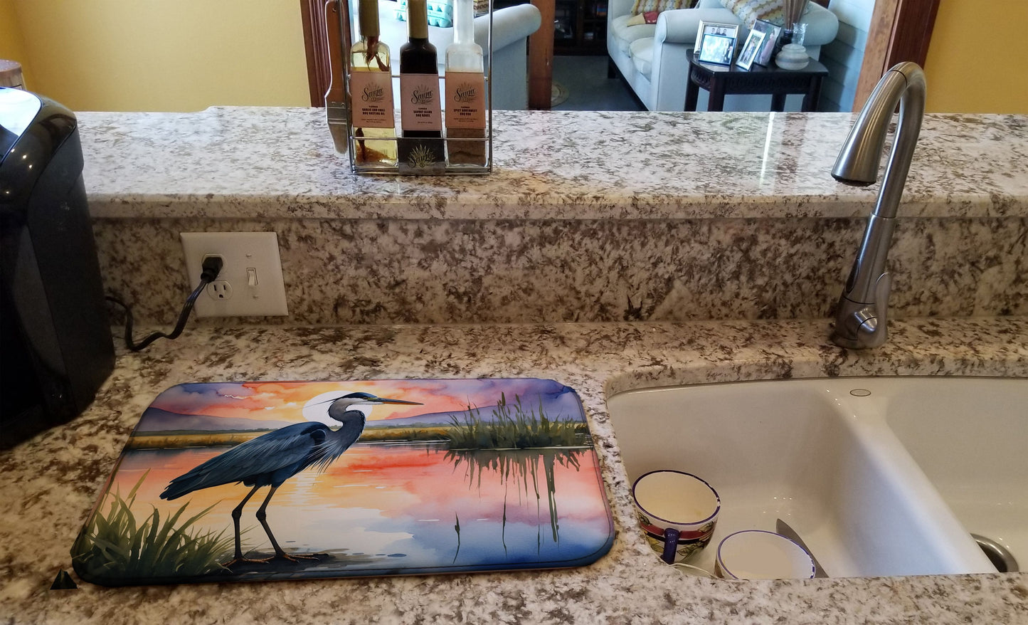 Blue Heron Setting Sun Dish Drying Mat Absorbent Dish Drying Mat Pad for Kitchen Counter Dish Drainer Mat for Countertop, 14 x 21", Multicolor