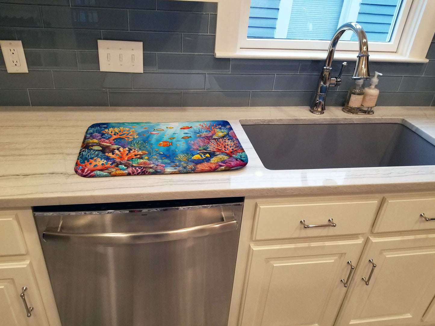 Coral and Fish Dish Drying Mat Absorbent Dish Drying Mat Pad for Kitchen Counter Dish Drainer Mat for Countertop, 14 x 21", Multicolor