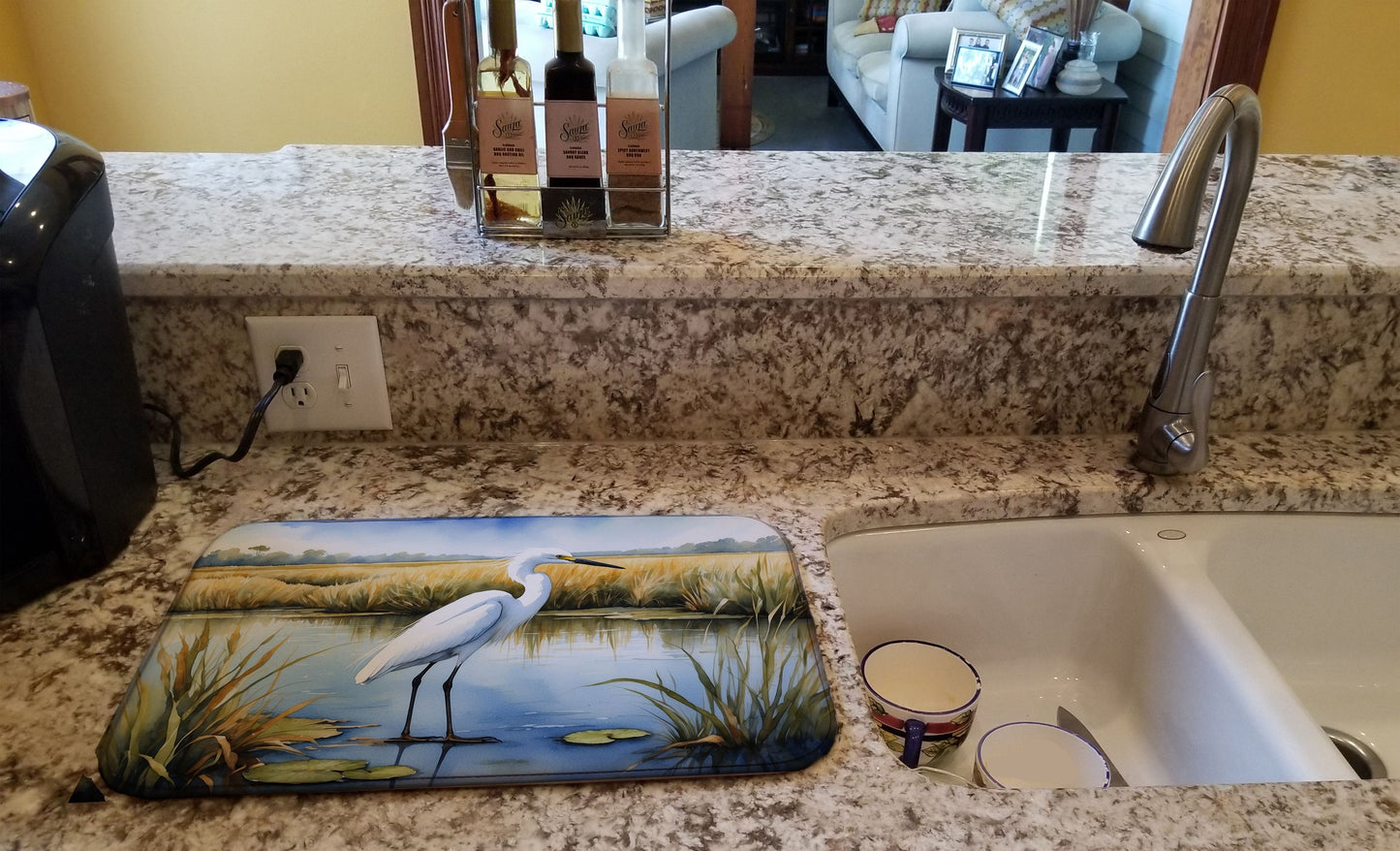 Snowy Egret in Coastal Marshes Dish Drying Mat Absorbent Dish Drying Mat Pad for Kitchen Counter Dish Drainer Mat for Countertop, 14 x 21", Multicolor