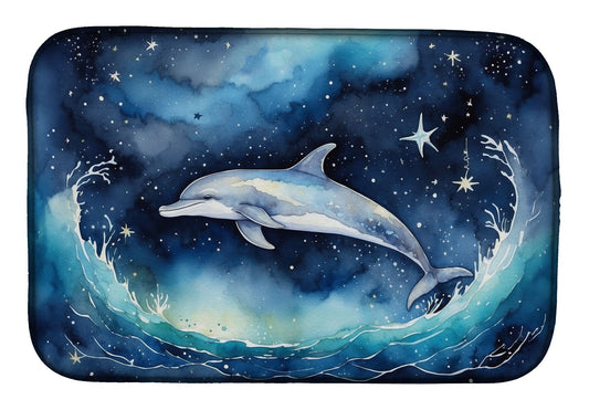 Dolphin in a Starry Sea Dish Drying Mat Absorbent Dish Drying Mat Pad for Kitchen Counter Dish Drainer Mat for Countertop, 14 x 21", Multicolor