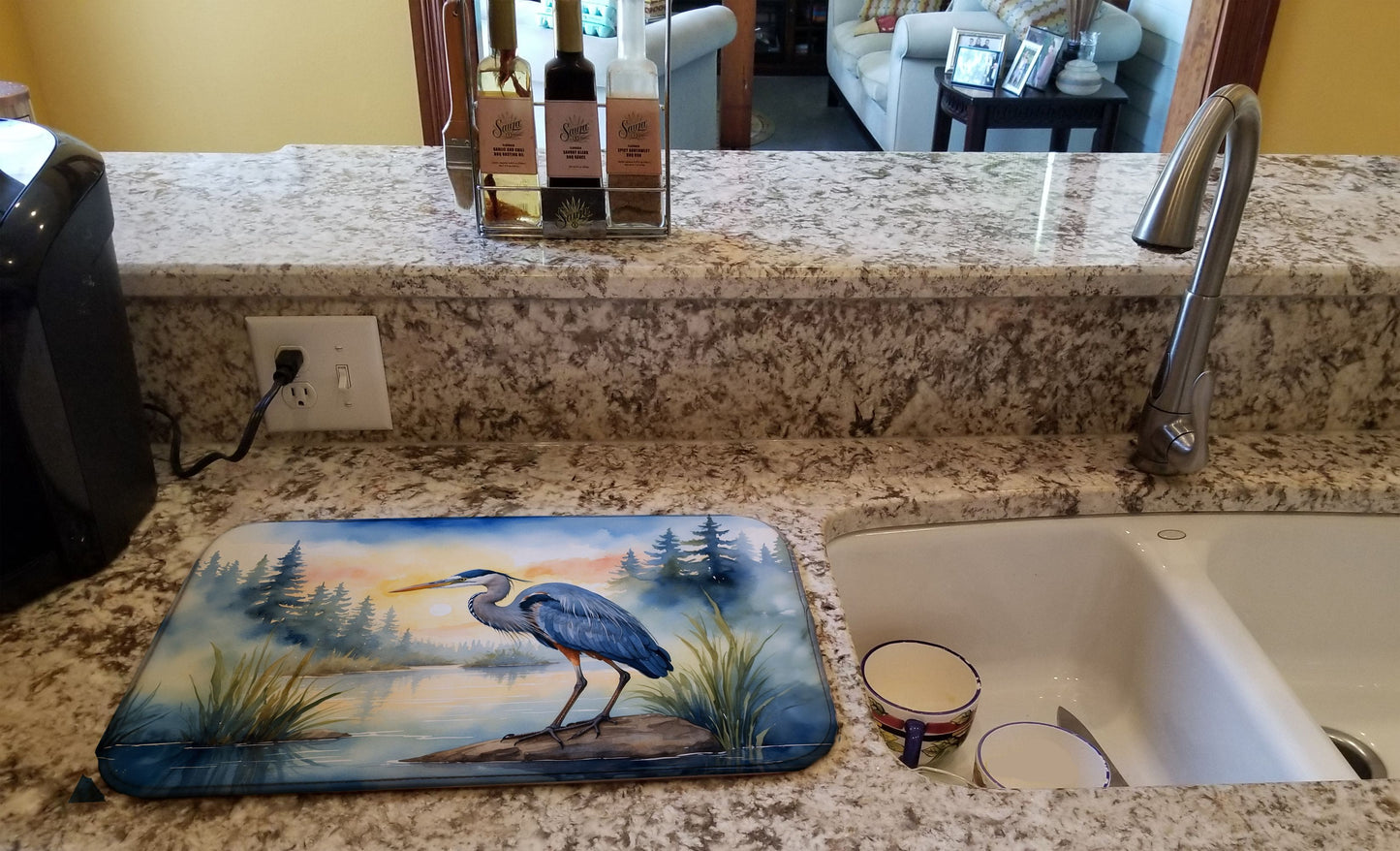 Blue Heron Emerging as the day fades Dish Drying Mat Absorbent Dish Drying Mat Pad for Kitchen Counter Dish Drainer Mat for Countertop, 14 x 21", Multicolor