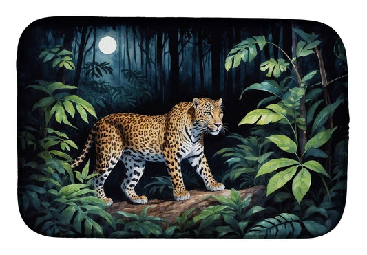 Leopard Nighttime in the Jungle Dish Drying Mat Absorbent Dish Drying Mat Pad for Kitchen Counter Dish Drainer Mat for Countertop, 14 x 21", Multicolor